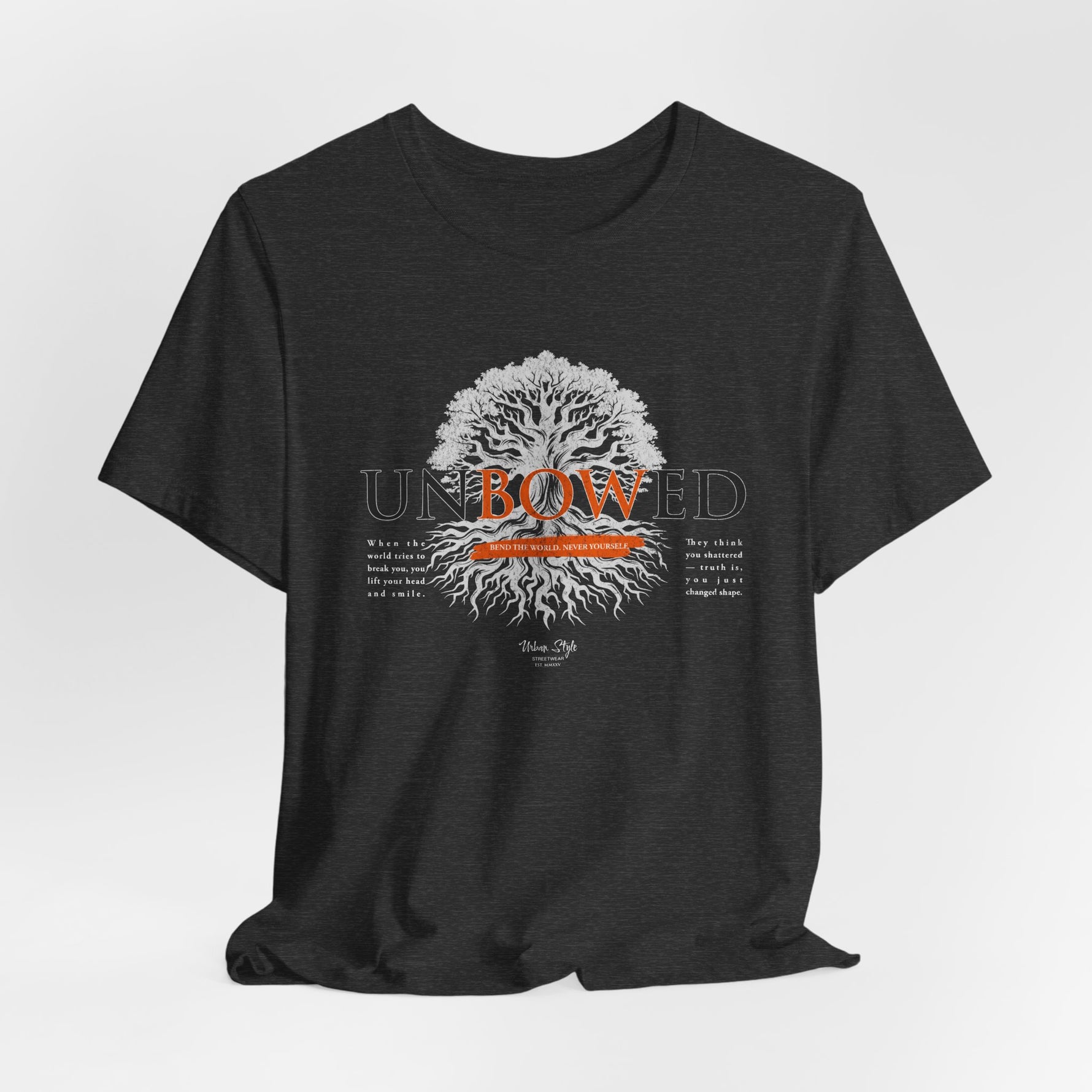 UNBOWED t-shirt in Dark Heather Grey — Stoic and grounded, like stone beneath storms.