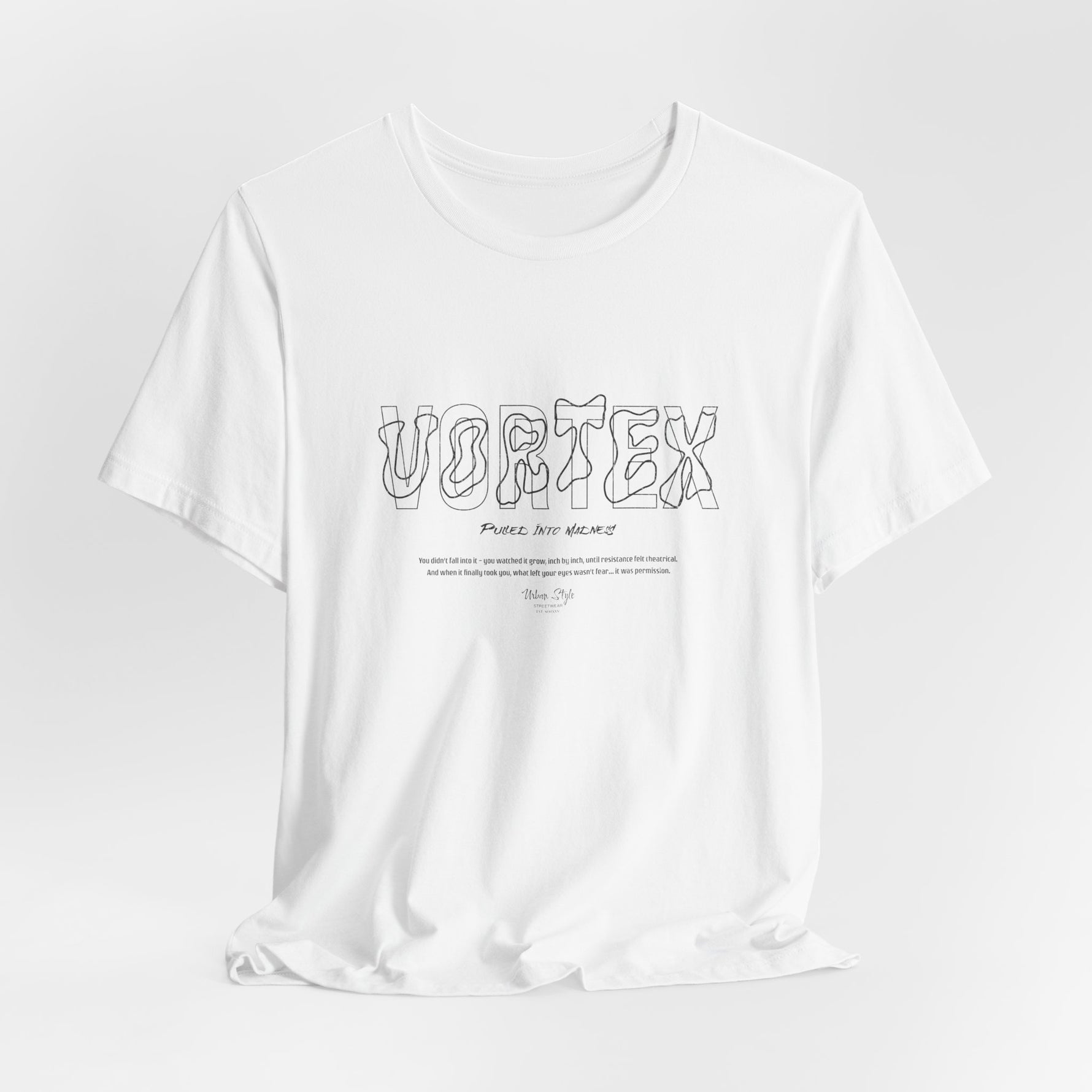 The VORTEX t-shirt in White — the clarity before chaos.