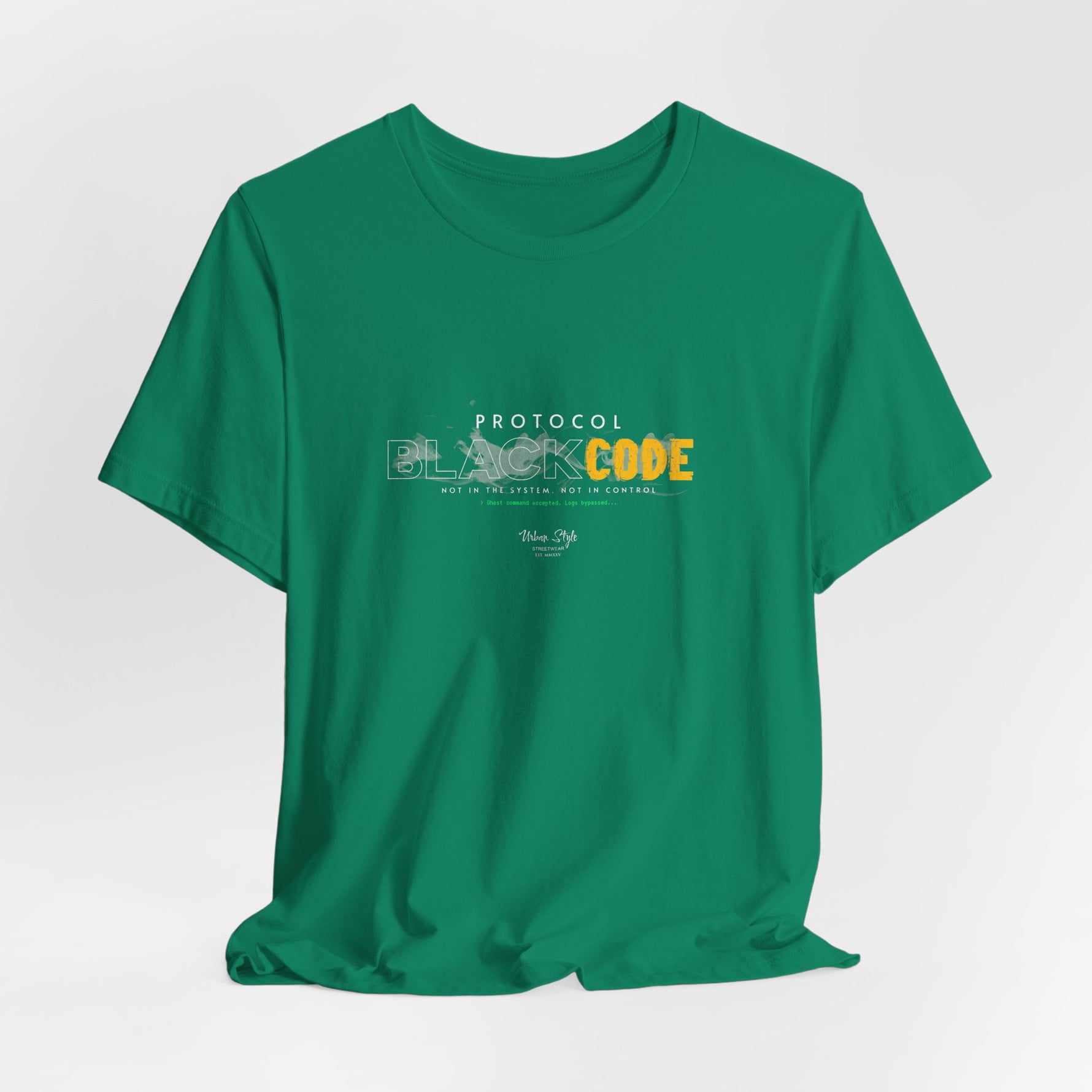 The PROTOCOL BLACKCODE t-shirt in Kelly — bright, but far from innocent. 3D mockup of a t-shirt in vibrant green. No model, no background.