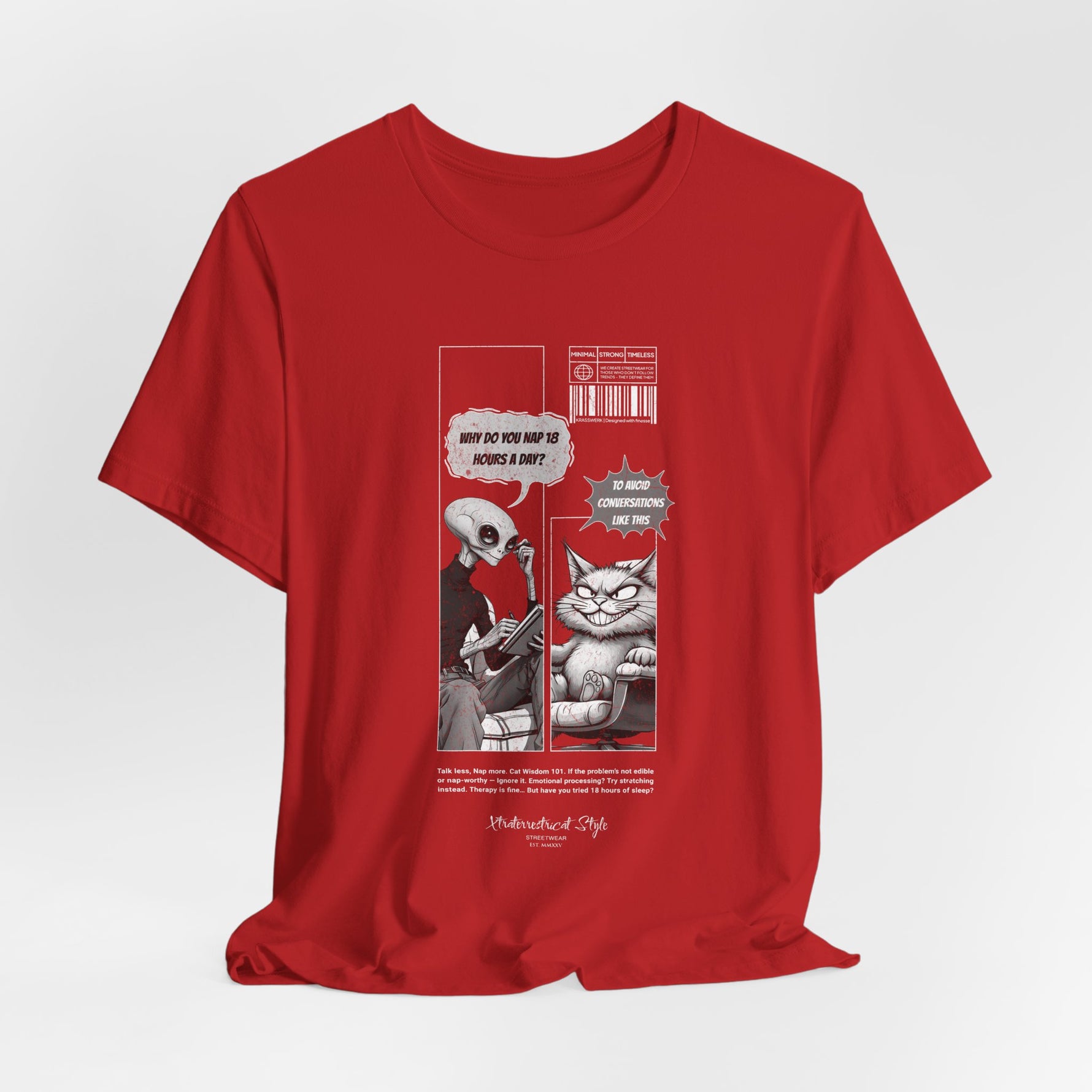 The NAP – 18h A Day t-shirt in Red — Bold red amplifies the sarcasm and energy behind the comic-style dialogue.