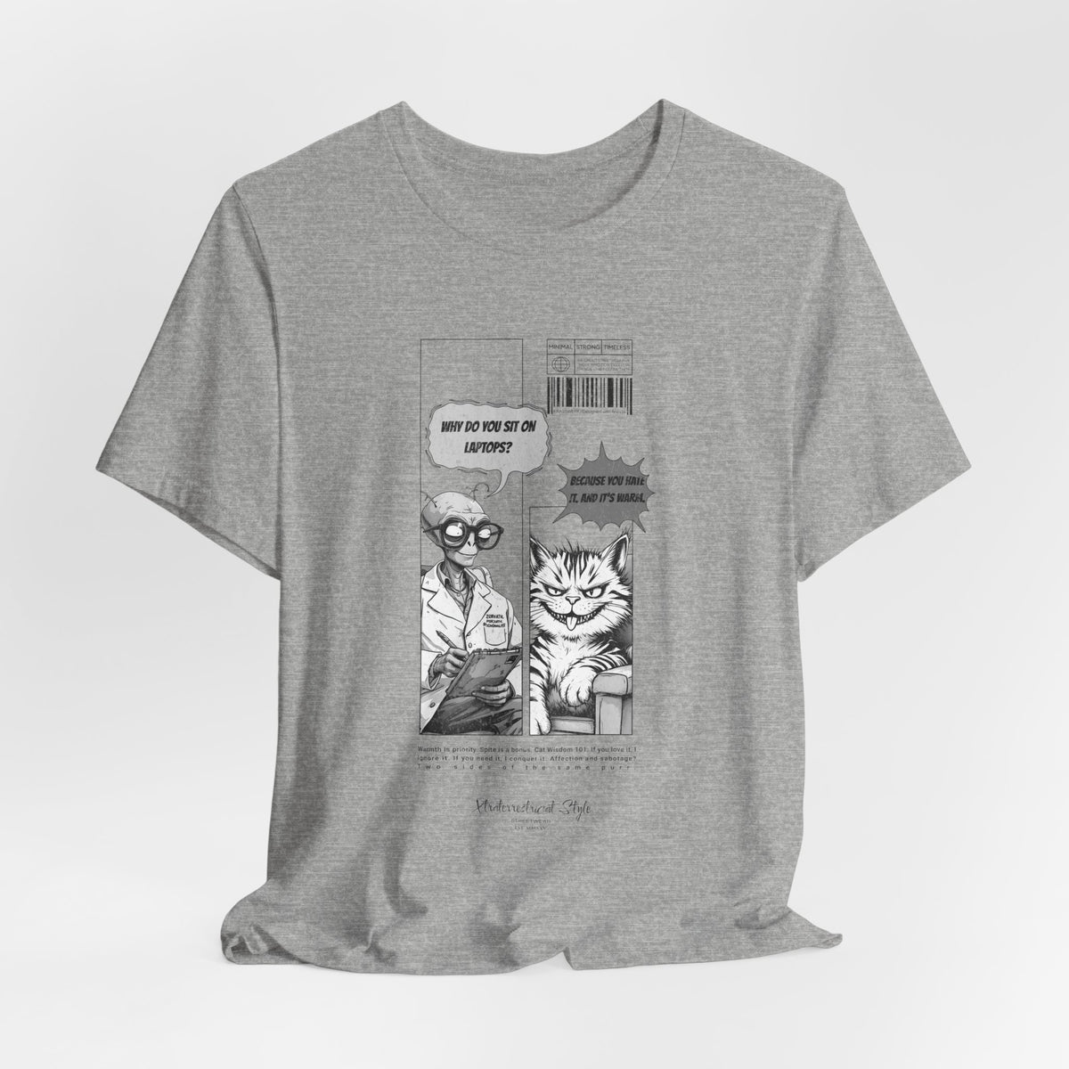The SITONLAPTOPS t-shirt in Heather Athletic — 3D mockup on a light gray heather shirt, no model, no background. Print integrates seamlessly.