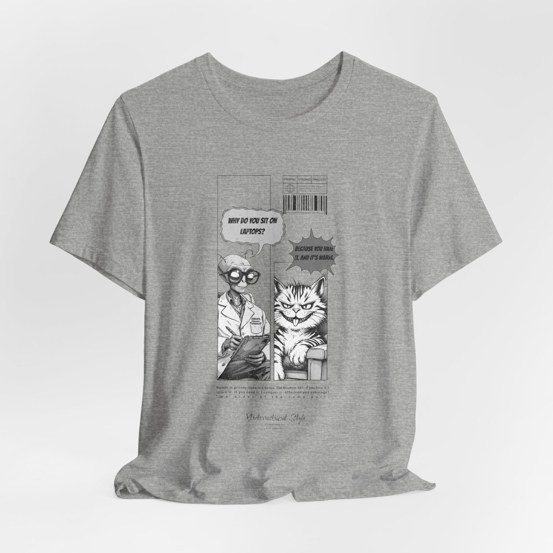 The SITONLAPTOPS t-shirt in Heather Athletic — 3D mockup on a light gray heather shirt, no model, no background. Print integrates seamlessly.