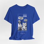 The SITONLAPTOPS t-shirt in True Royal — 3D mockup on a vibrant blue shirt, no model, no background. Manga artwork still sharp.