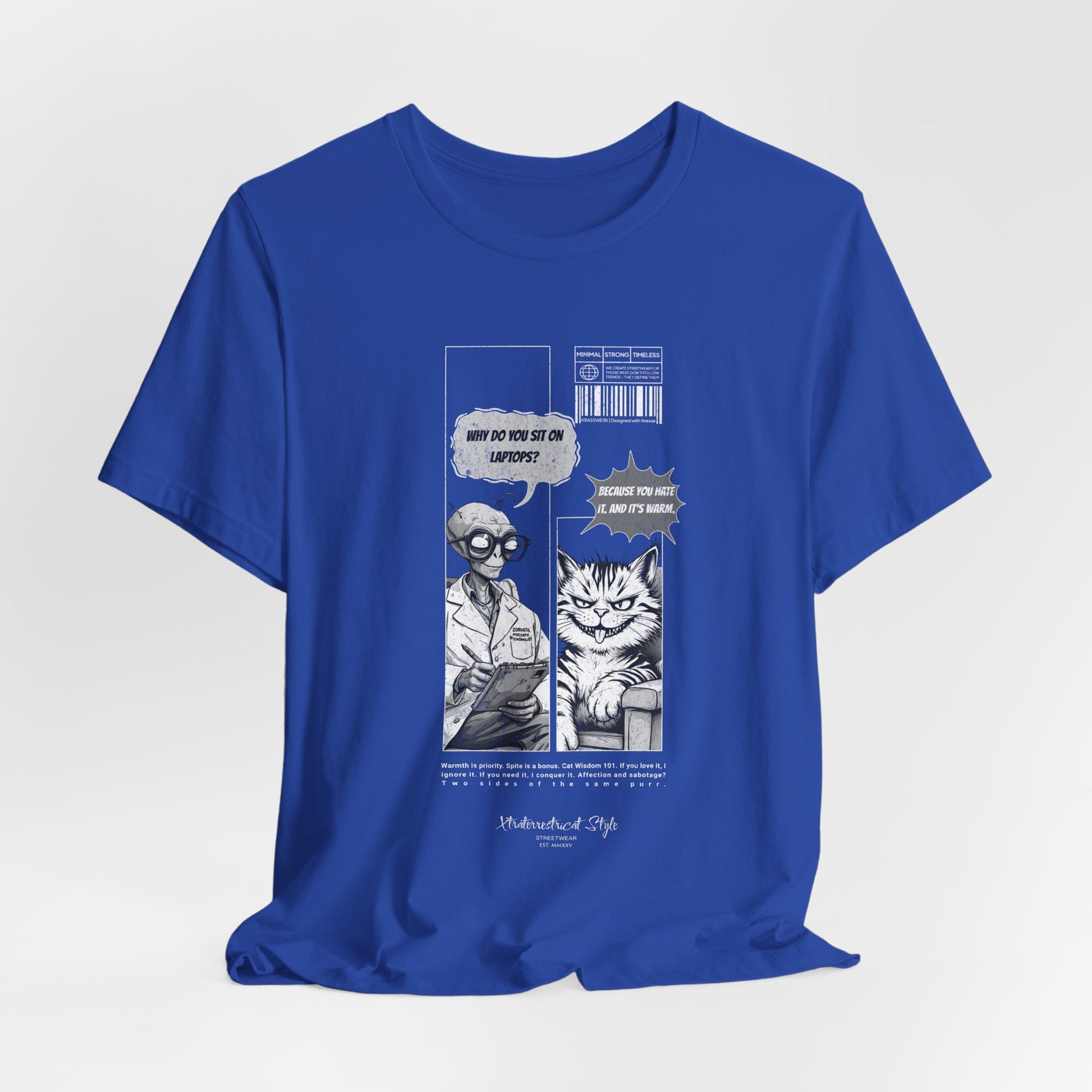 The SITONLAPTOPS t-shirt in True Royal — 3D mockup on a vibrant blue shirt, no model, no background. Manga artwork still sharp.