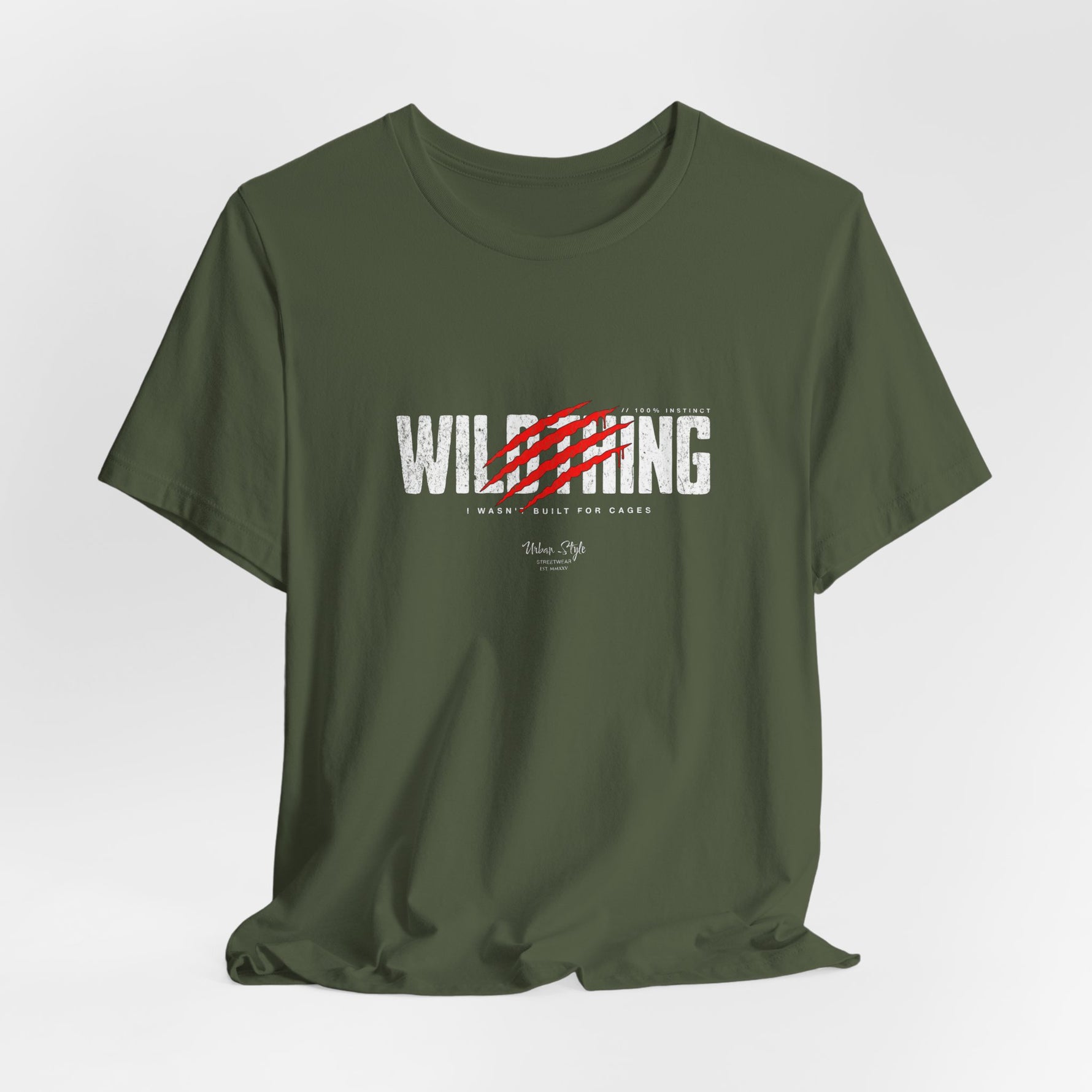 The WILDTHING t-shirt in Military Green — Earthy tone adds a survivalist edge to the primal message.
