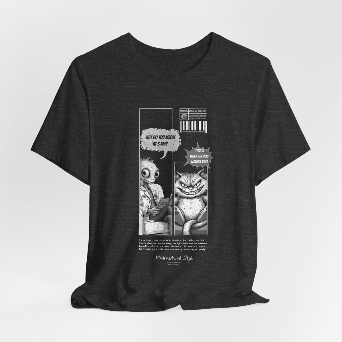 The MEOW 3AM t-shirt in Dark Heather Grey — 3D mockup featuring a textured charcoal-grey shirt with no model or background.