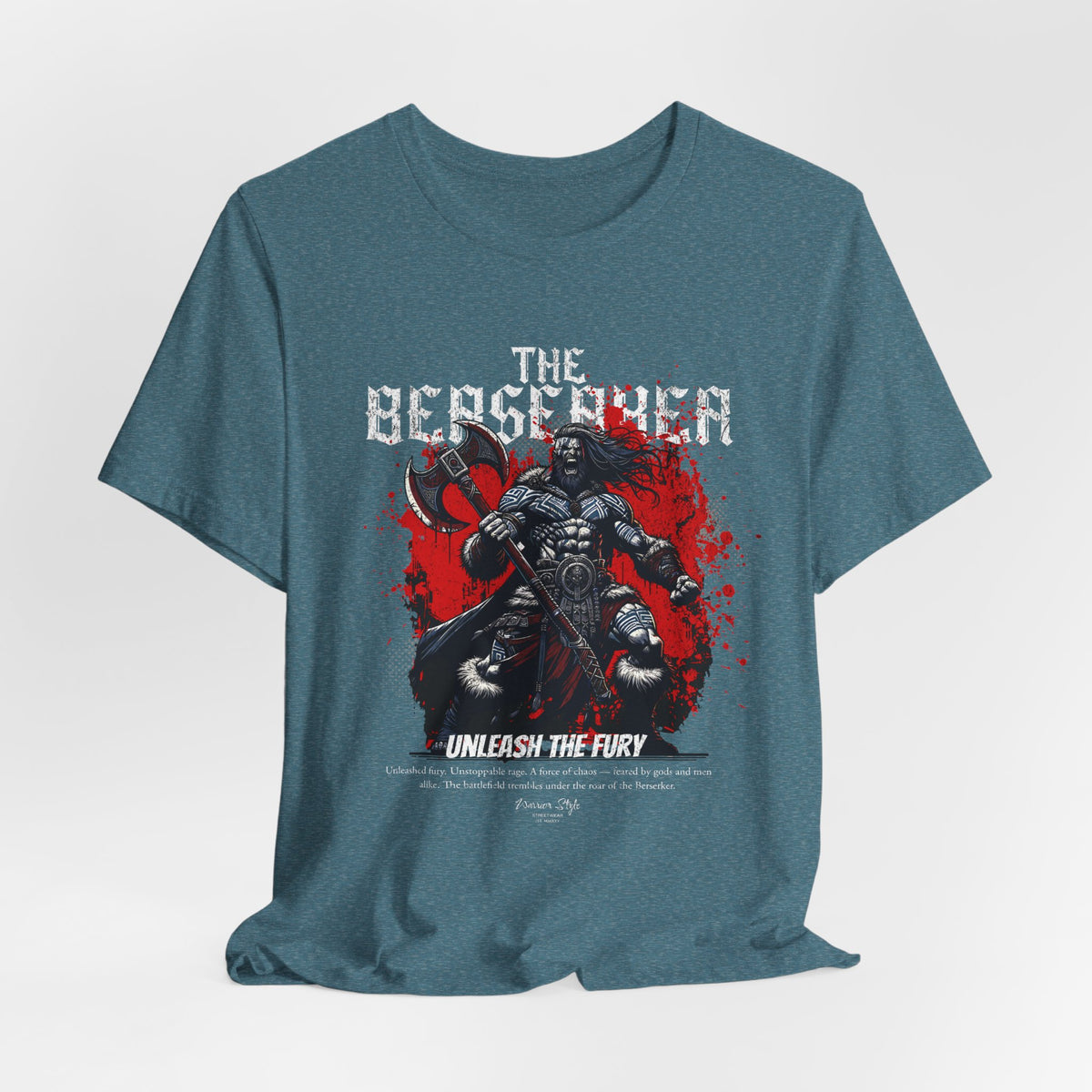 The BERSERKER t-shirt in Heather Deep Teal — Cold madness from forgotten fjords.