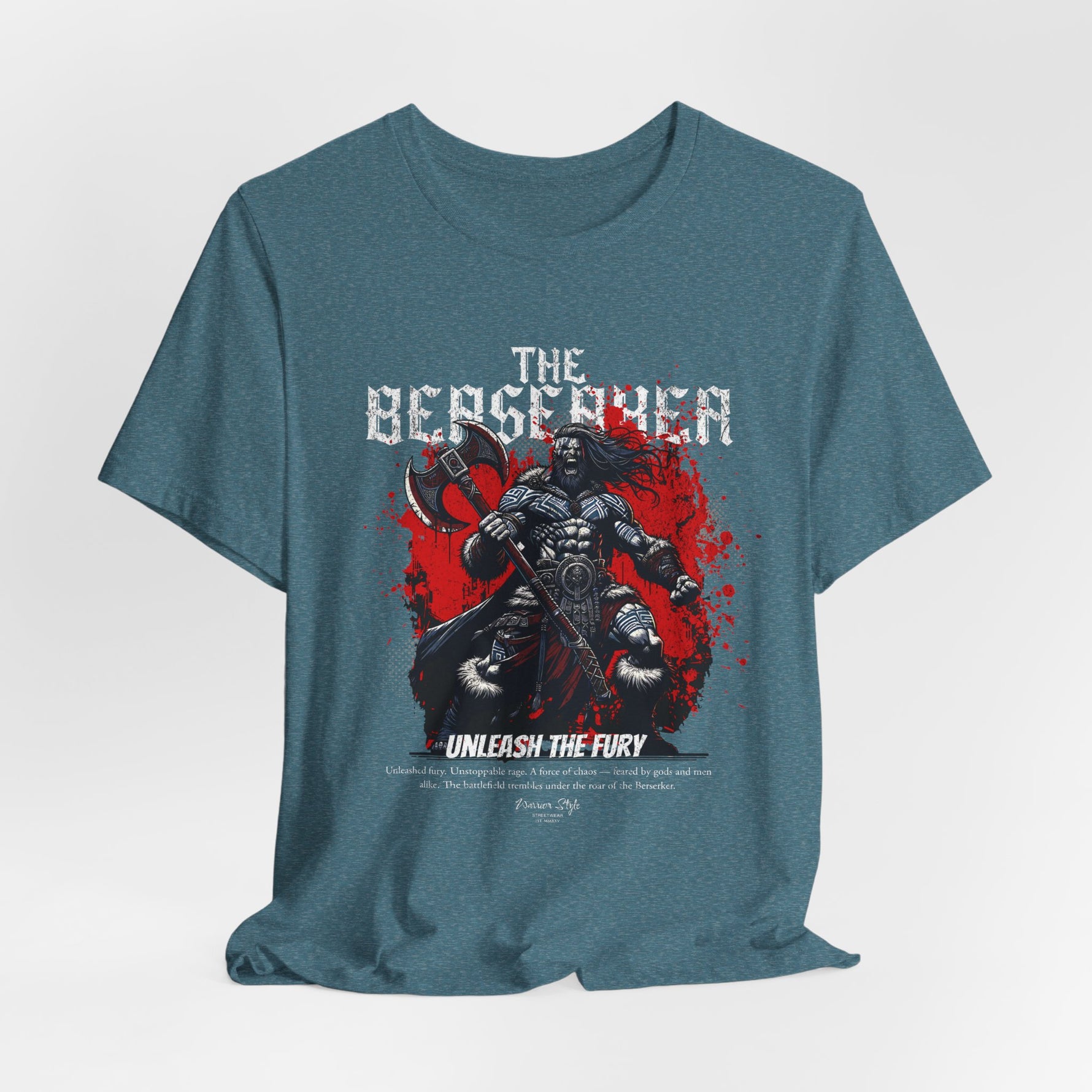 The BERSERKER t-shirt in Heather Deep Teal — Cold madness from forgotten fjords.