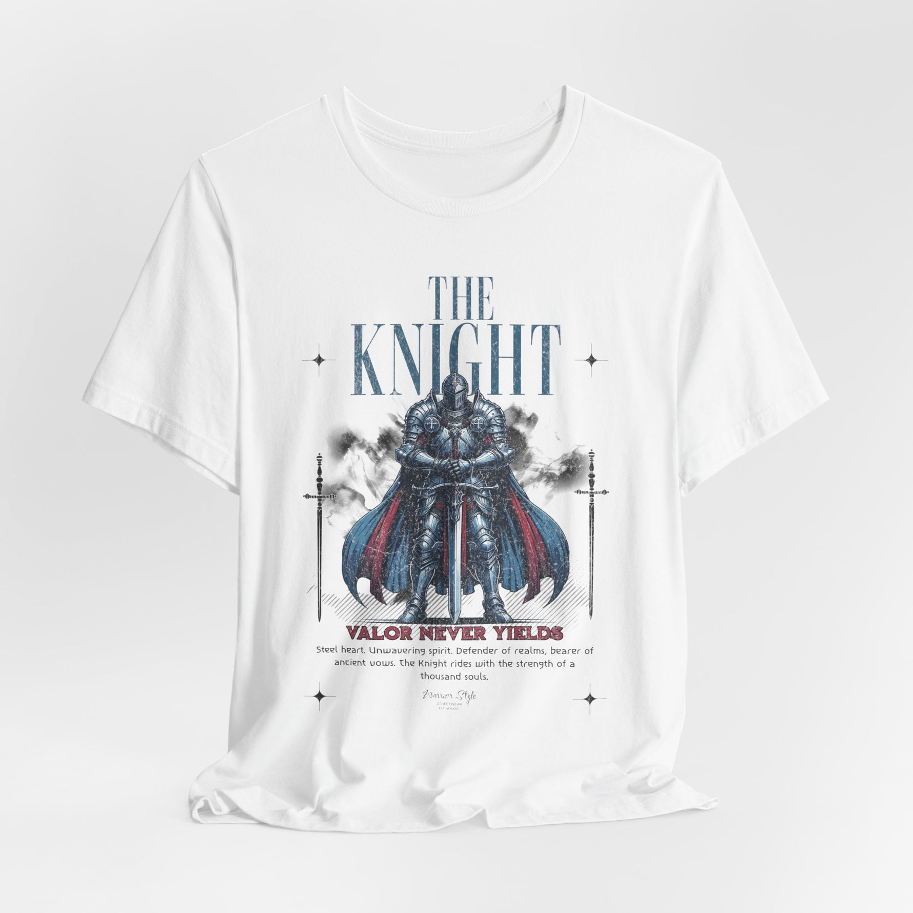 The KNIGHT t-shirt in White — pristine as the code he serves and the banner he guards.