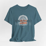 UNBOWED t-shirt in Heather Deep Teal — Calm resolve in turbulent waters.