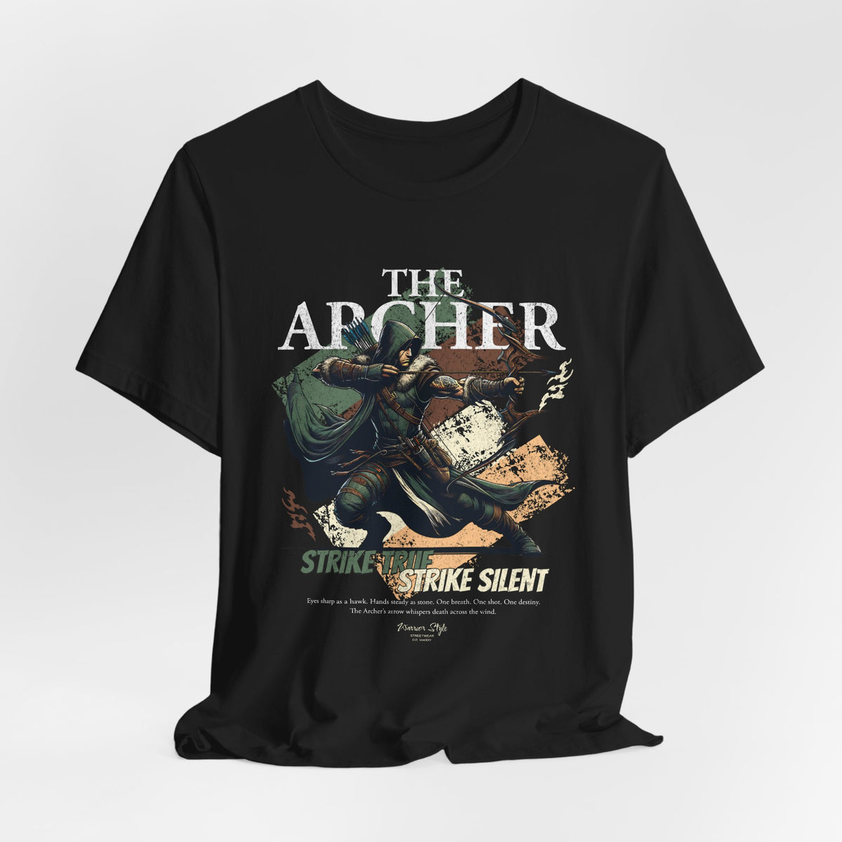 The ARCHER t-shirt in black — Darkness drawn tight — one with the hunt.
