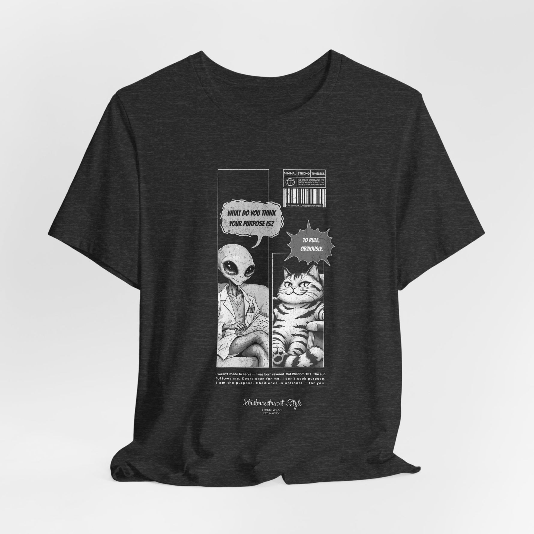 The TO RULE t-shirt in Dark Heather Grey — a deep grey shade that softens the comic’s monochrome lines.