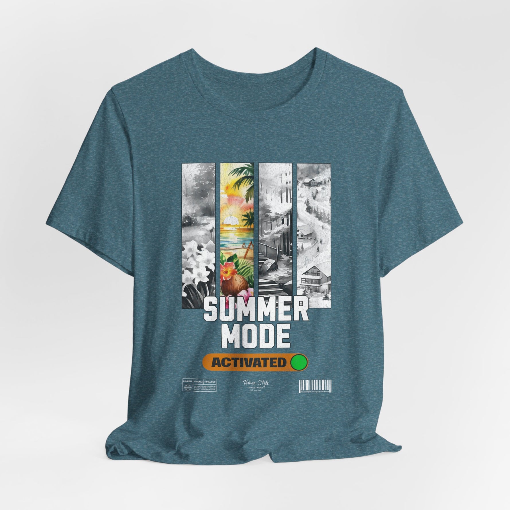The SUMMER MODE t-shirt in heather deep teal — Coastal cliffs and hidden lagoons in one hue.