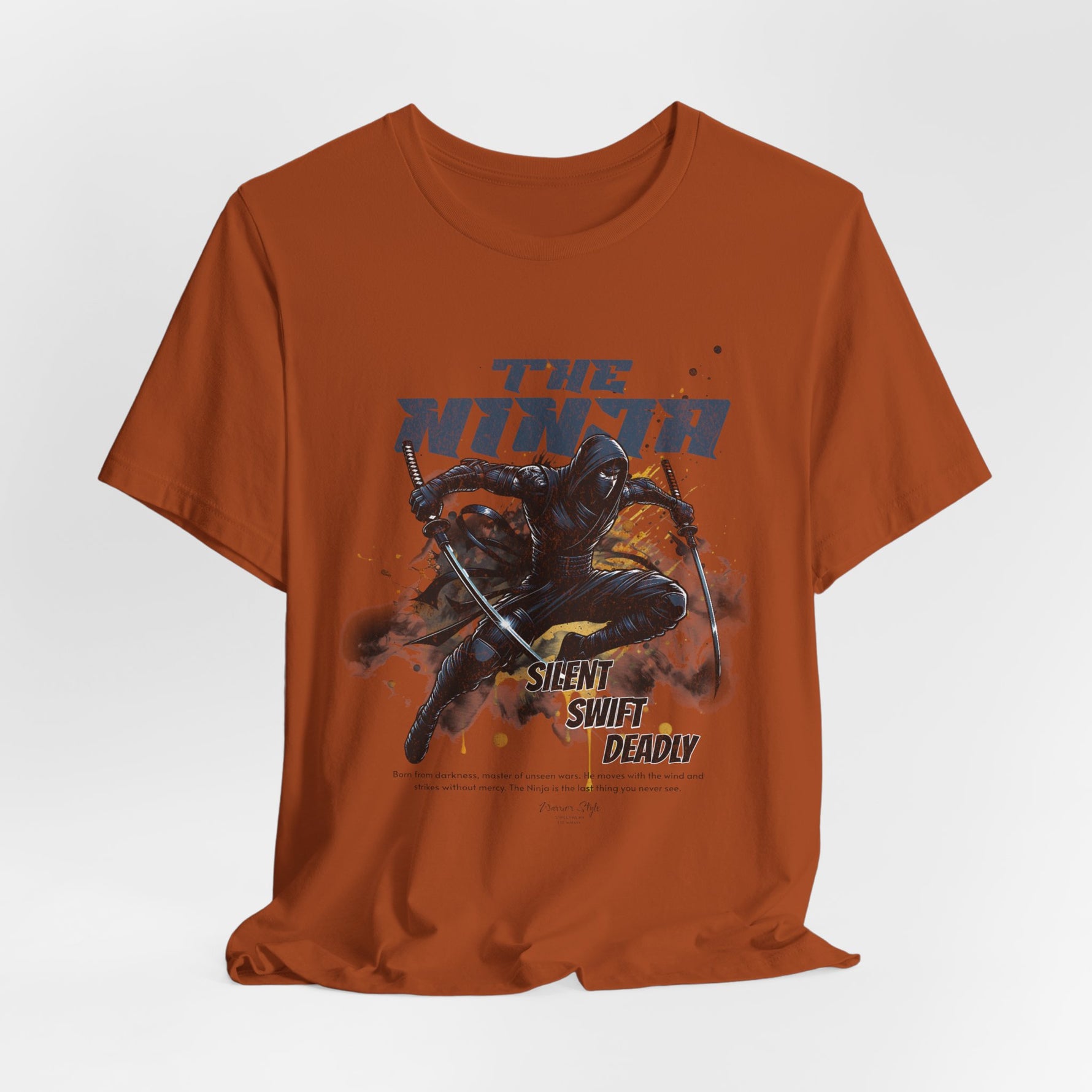 The NINJA t-shirt in Autumn — fading leaves, quiet steps, and deadly calm.