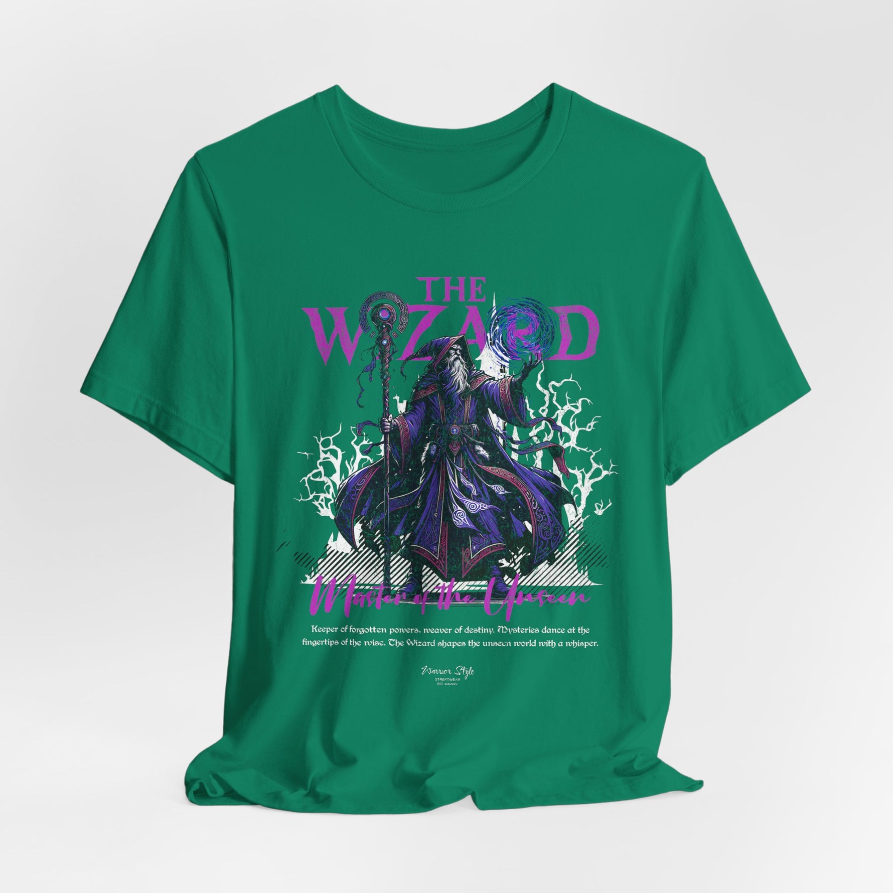 The Wizard t-shirt in Kelly — Nature’s raw spell woven in green.