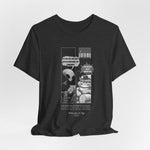 The Satisfiction t-shirt in dark heather grey — 3D mockup featuring a textured deep grey fabric. No background or model.