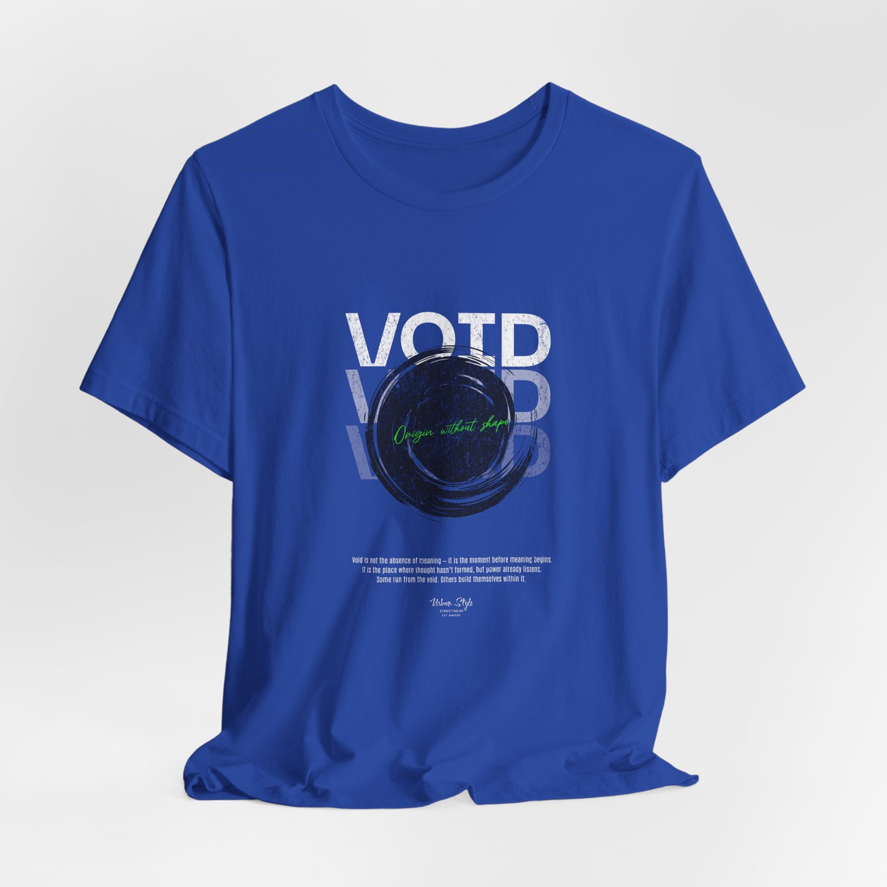 The VOID t-shirt in True Royal — lost crown of a thoughtless realm.