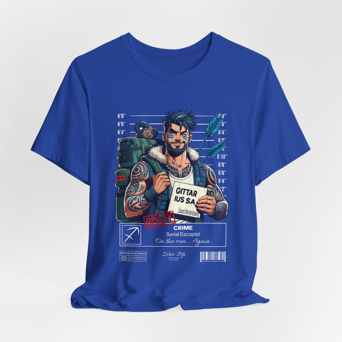 The SAGITTARIUS t-shirt in True Royal — sharp blue for focused energy and clarity. 3D mockup on white background. No model included.
