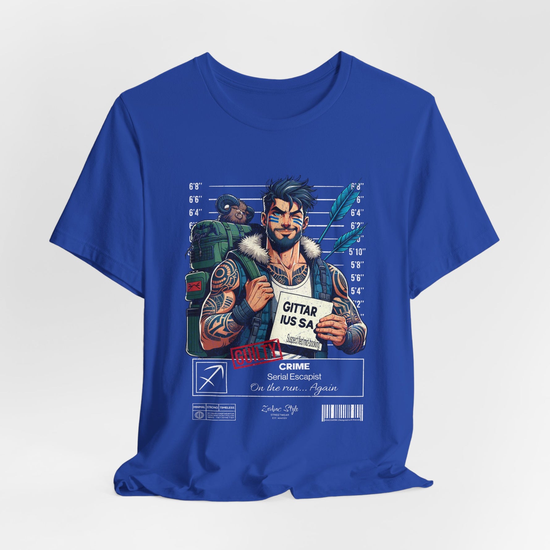 The SAGITTARIUS t-shirt in True Royal — sharp blue for focused energy and clarity. 3D mockup on white background. No model included.