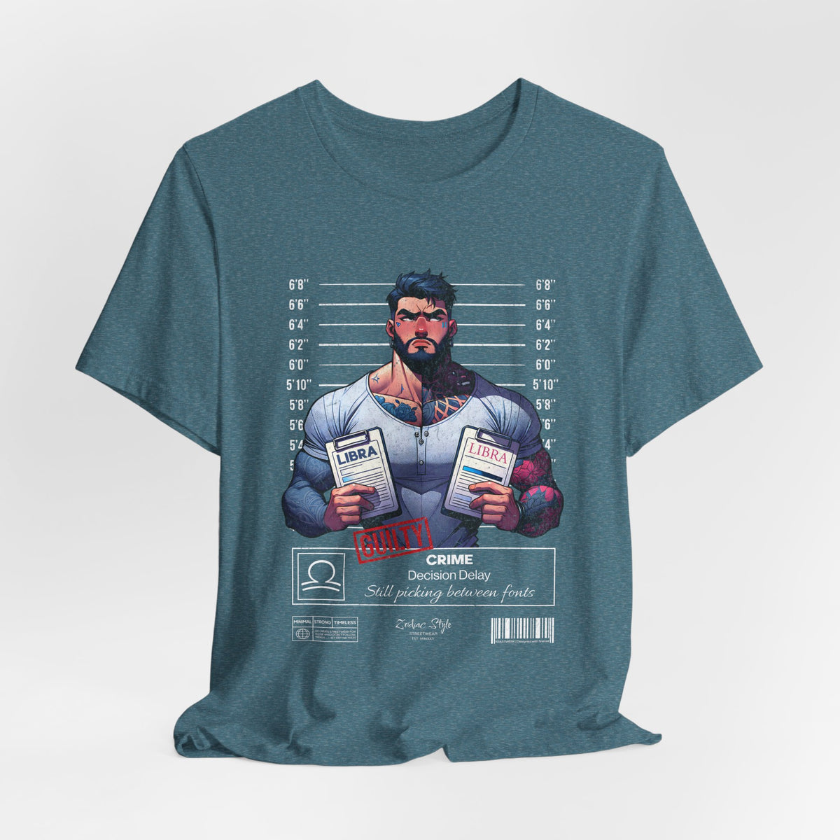 3D mockup of the LIBRA t-shirt in Heather Deep Teal — rich teal tone with slight texture. NO BACKGROUND. NO MODEL.
