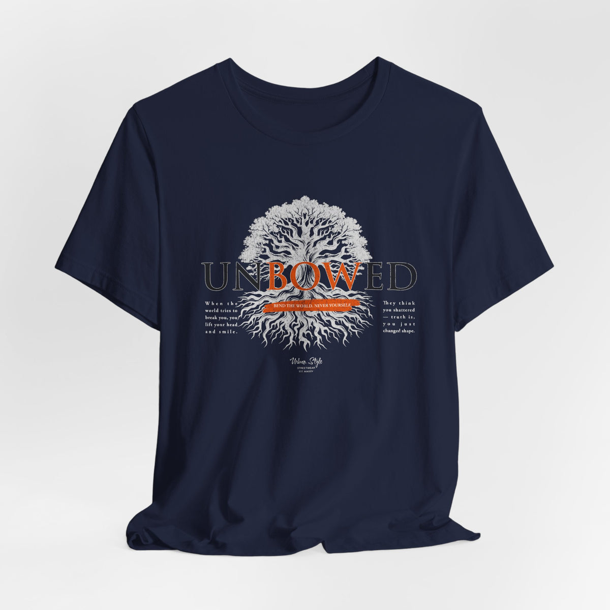 UNBOWED t-shirt in Navy — Quiet depths, unwavering purpose.
