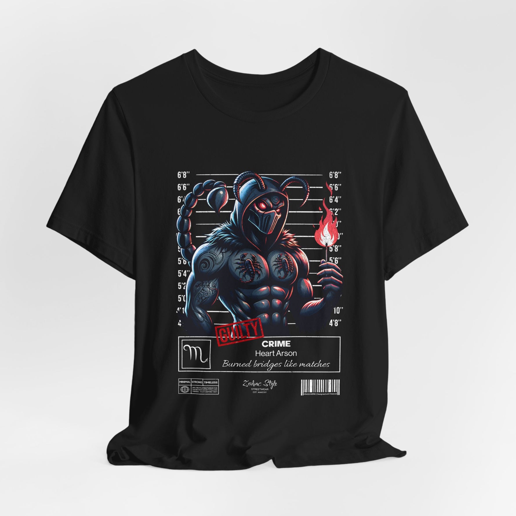 The SCORPIO t-shirt in Black — 3D mockup showing shirt color Black. No background. No model.