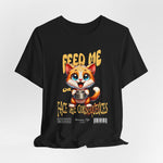 The FEED ME t-shirt in black — bold and dramatic, making the kitten’s warning pop with full force.
