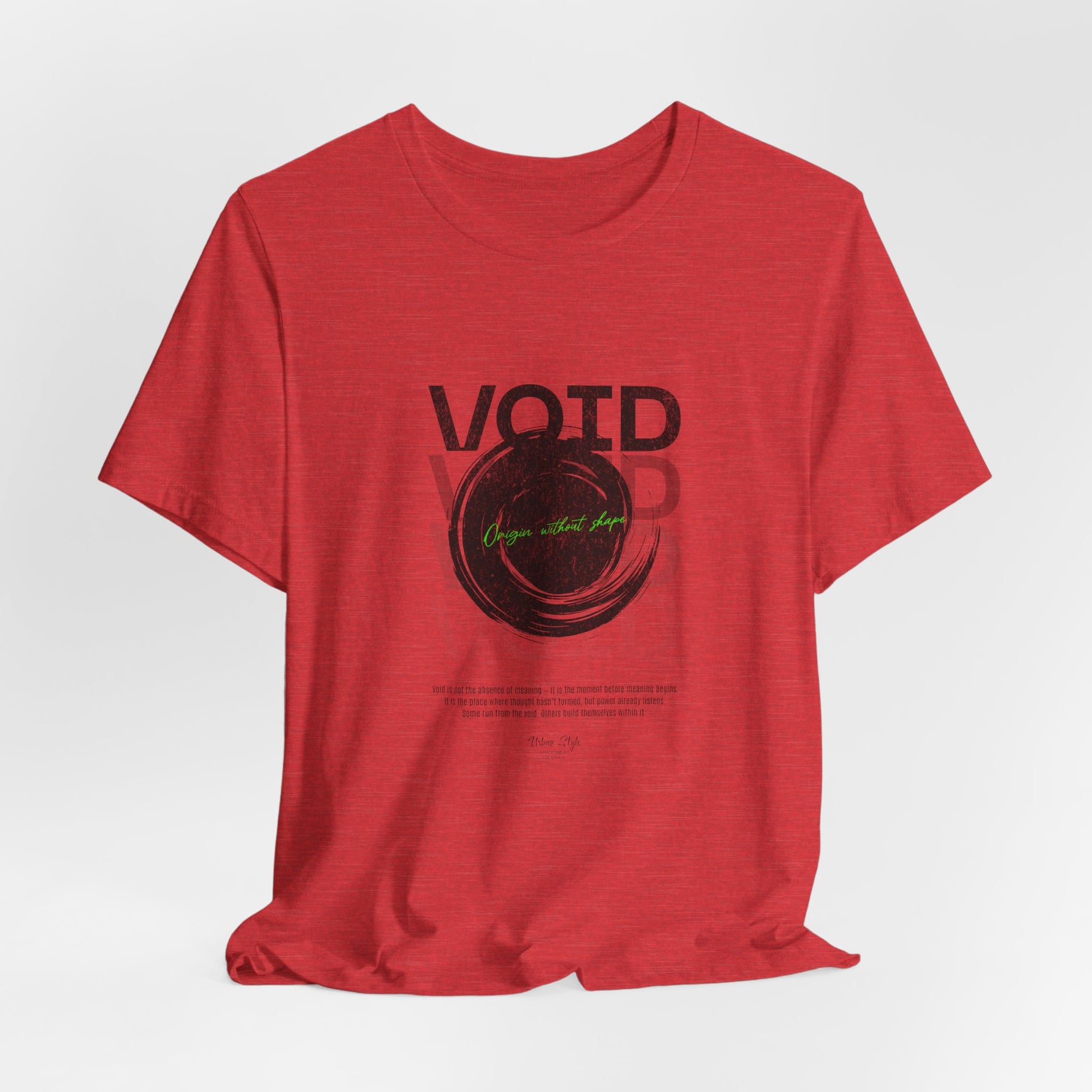 The VOID t-shirt in Heather Red — blood-red descent into silence.