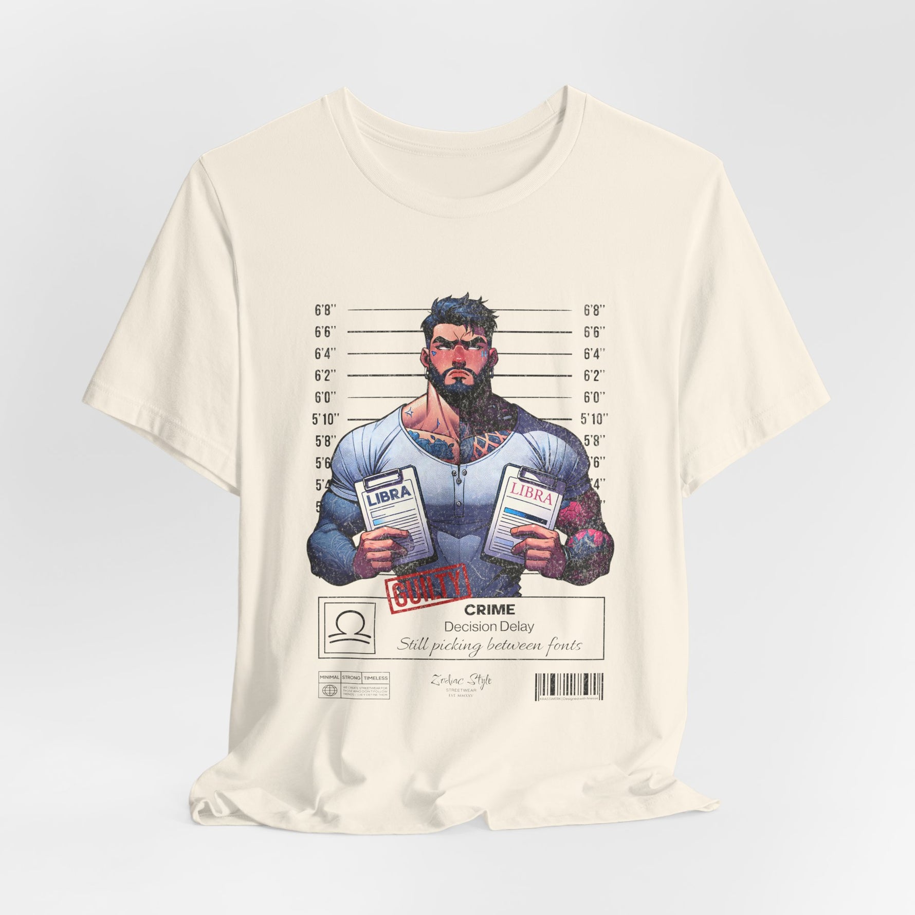 3D mockup of the LIBRA t-shirt in Natural — soft off-white with a warm undertone. NO BACKGROUND. NO MODEL.