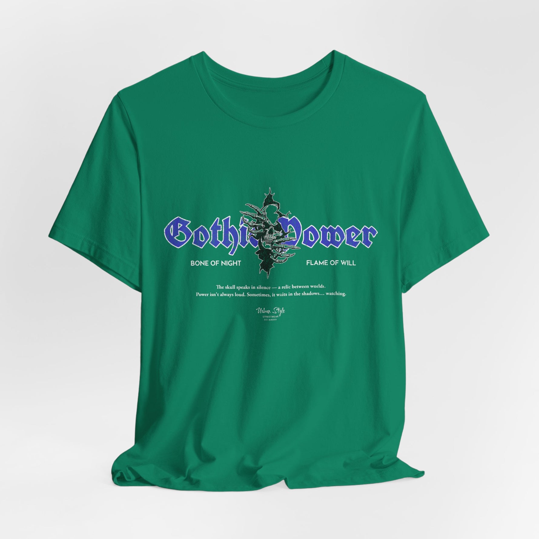 The GOTHIC POWER t-shirt in Kelly — ivy-wrapped strength cloaked in calm defiance.