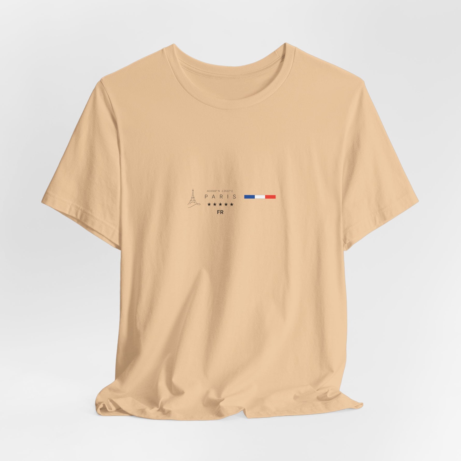 The PARIS t-shirt in Sand Dune — 3D mockup, beige desert tone, no background, no model.