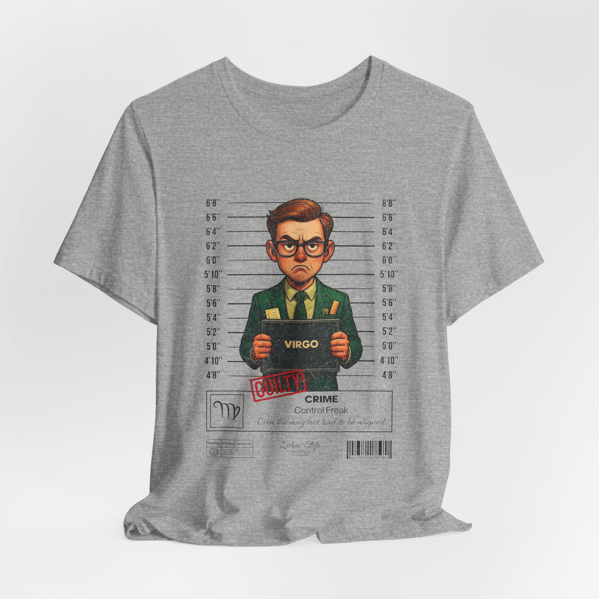 The VIRGO t-shirt in athleticheather — 3D mockup of the design on a soft athletic heather shirt. No background, no model.
