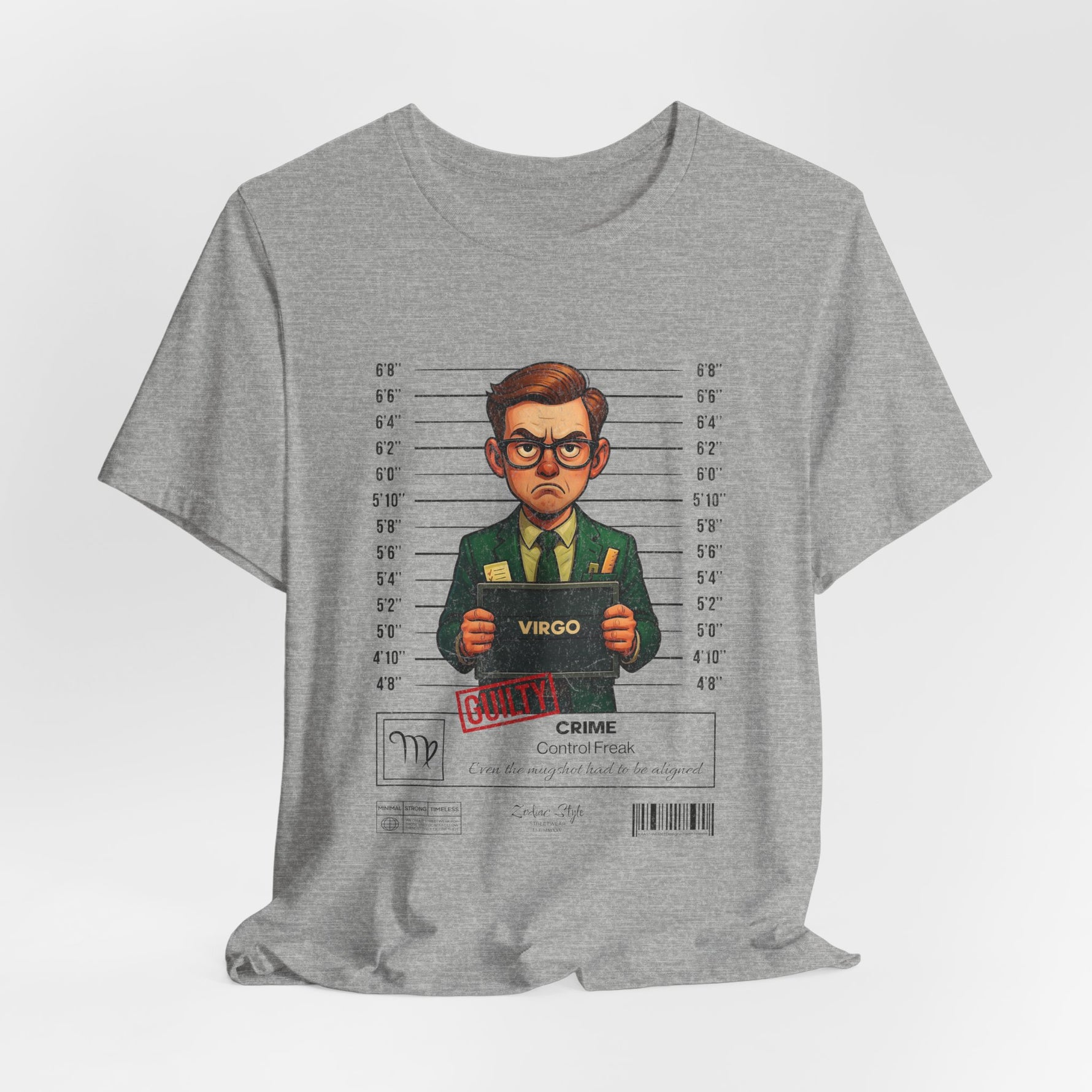 The VIRGO t-shirt in athleticheather — 3D mockup of the design on a soft athletic heather shirt. No background, no model.