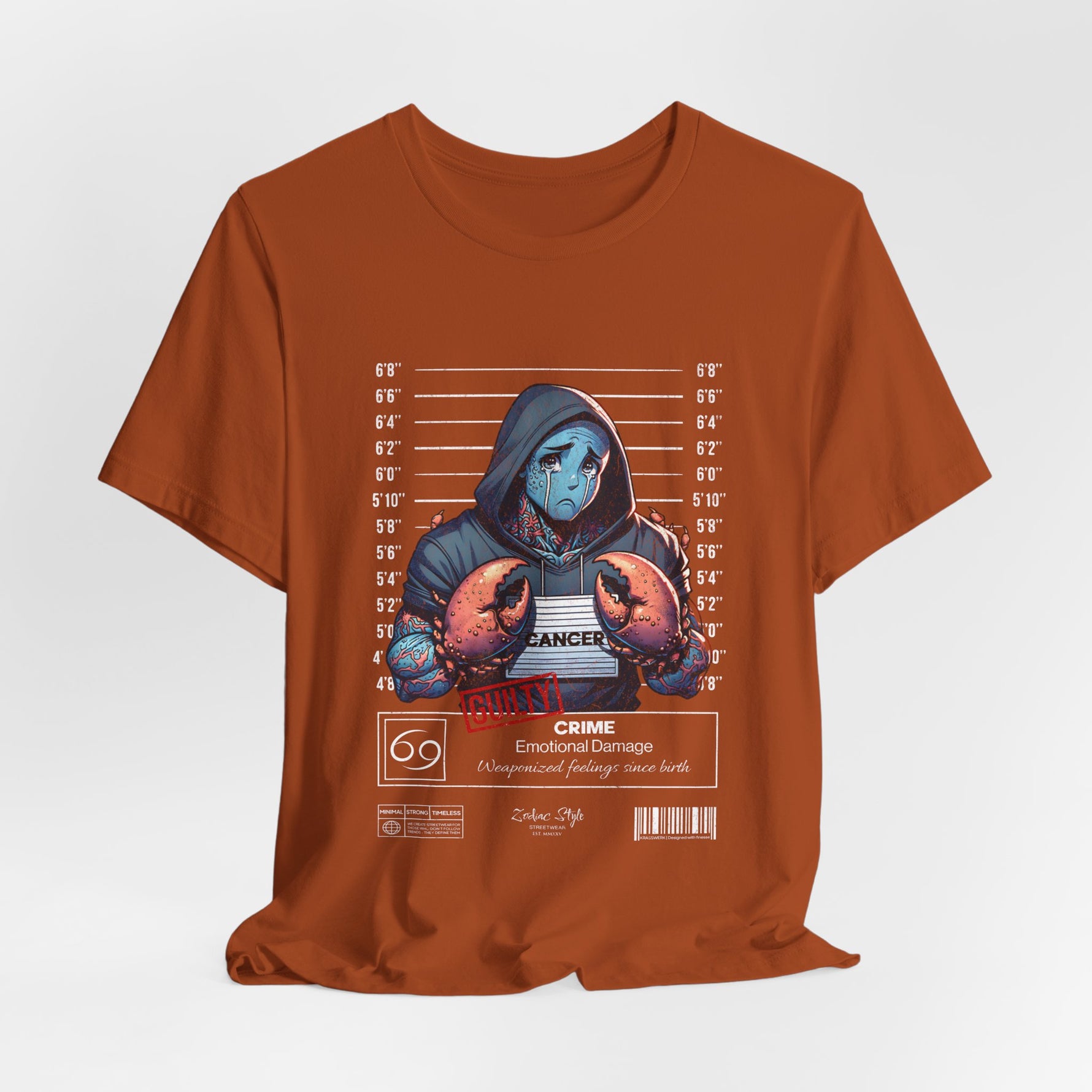 The CANCER t-shirt in Autumn — 3D mockup of a deep earthy orange shirt, front-facing. No background, no model.