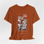 The CARDIO t-shirt in Autumn — 3D mockup showing the Autumn (burnt orange) version with the black-and-white comic design. No background or model present.
