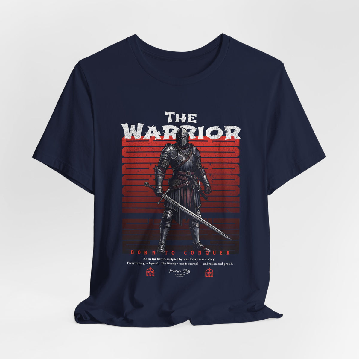 The Warrior t-shirt in Navy — deep resolve beneath the storm.