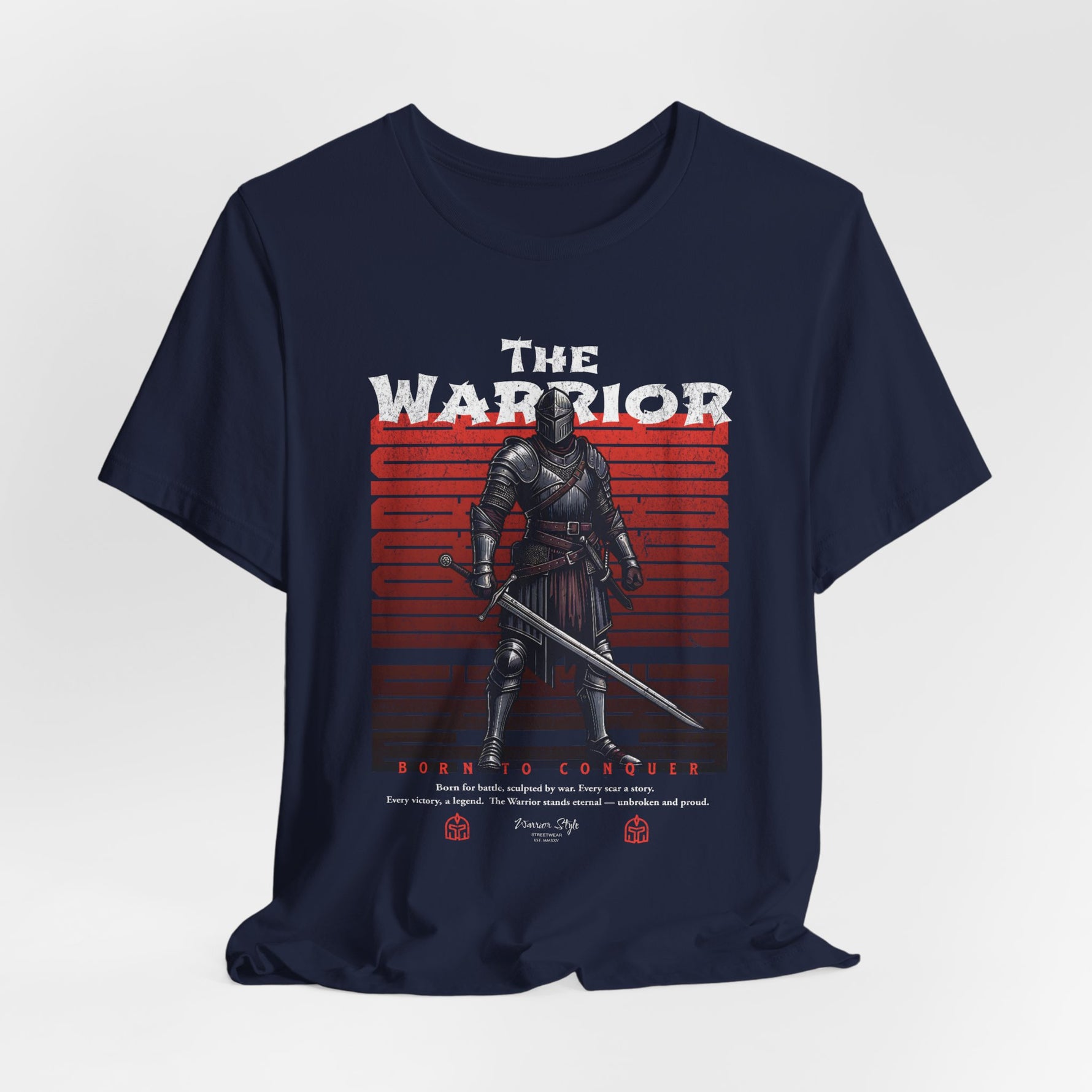 The Warrior t-shirt in Navy — deep resolve beneath the storm.