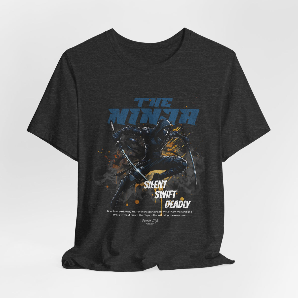 The NINJA t-shirt in Dark Heather Grey — like smoke slipping through cracks.
