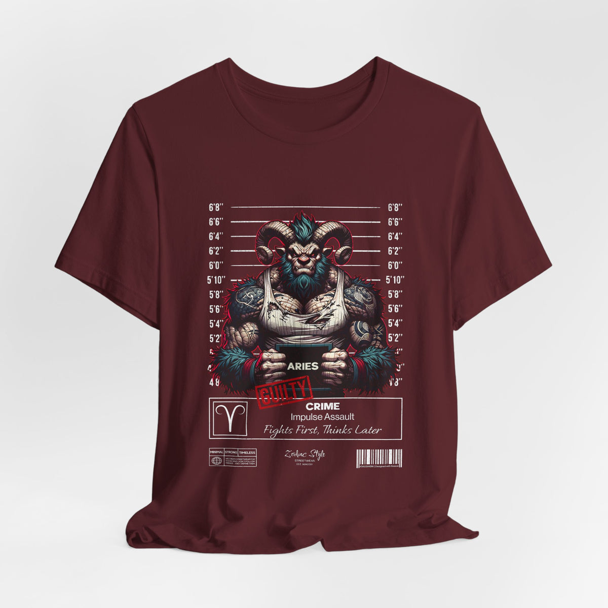 The ARIES t-shirt in maroon — Deep fire, not extinguished — just waiting.