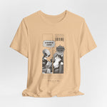 The FEEL REMORSE? t-shirt in sand dune — 3D mockup, light beige-brown color, no background, no model.