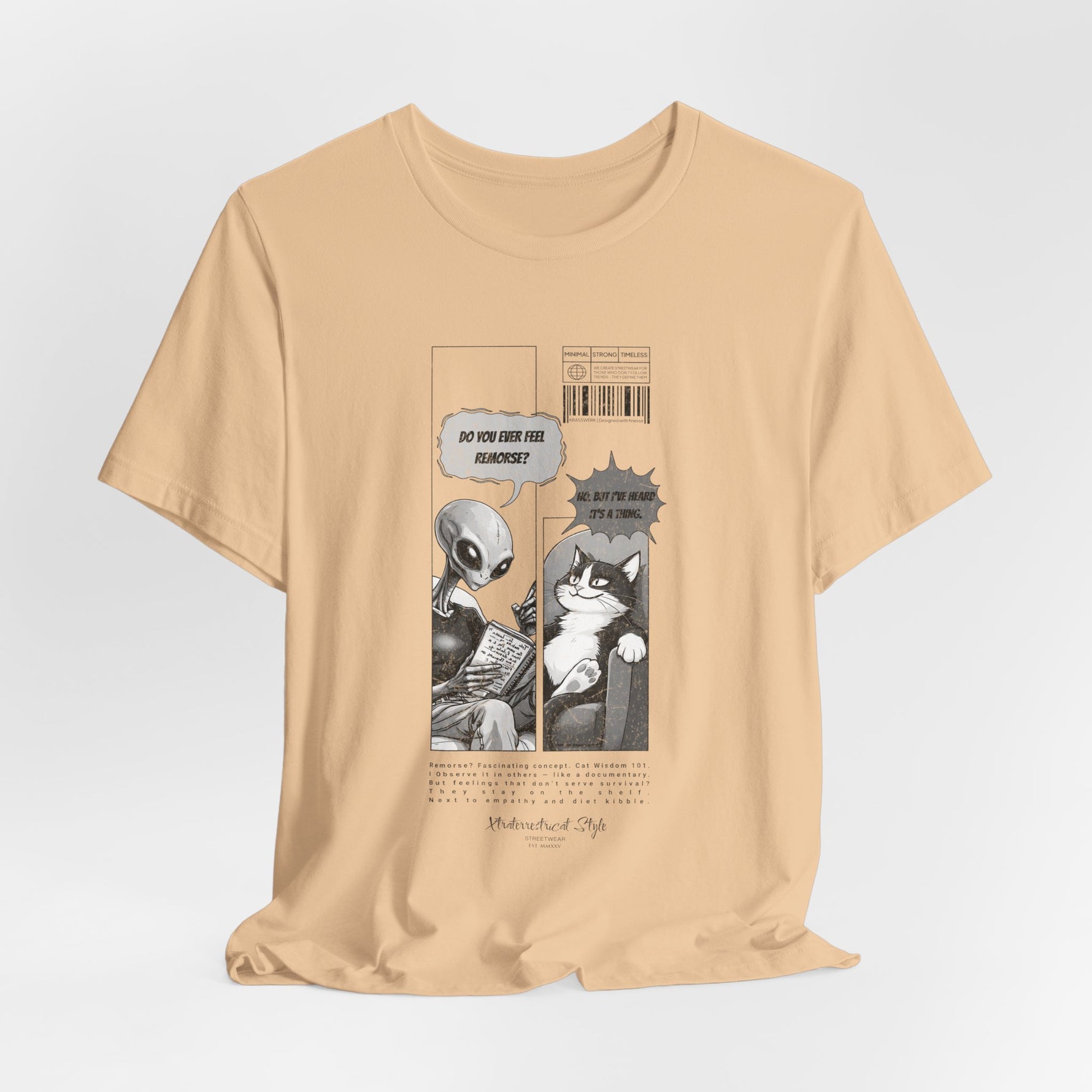 The FEEL REMORSE? t-shirt in sand dune — 3D mockup, light beige-brown color, no background, no model.