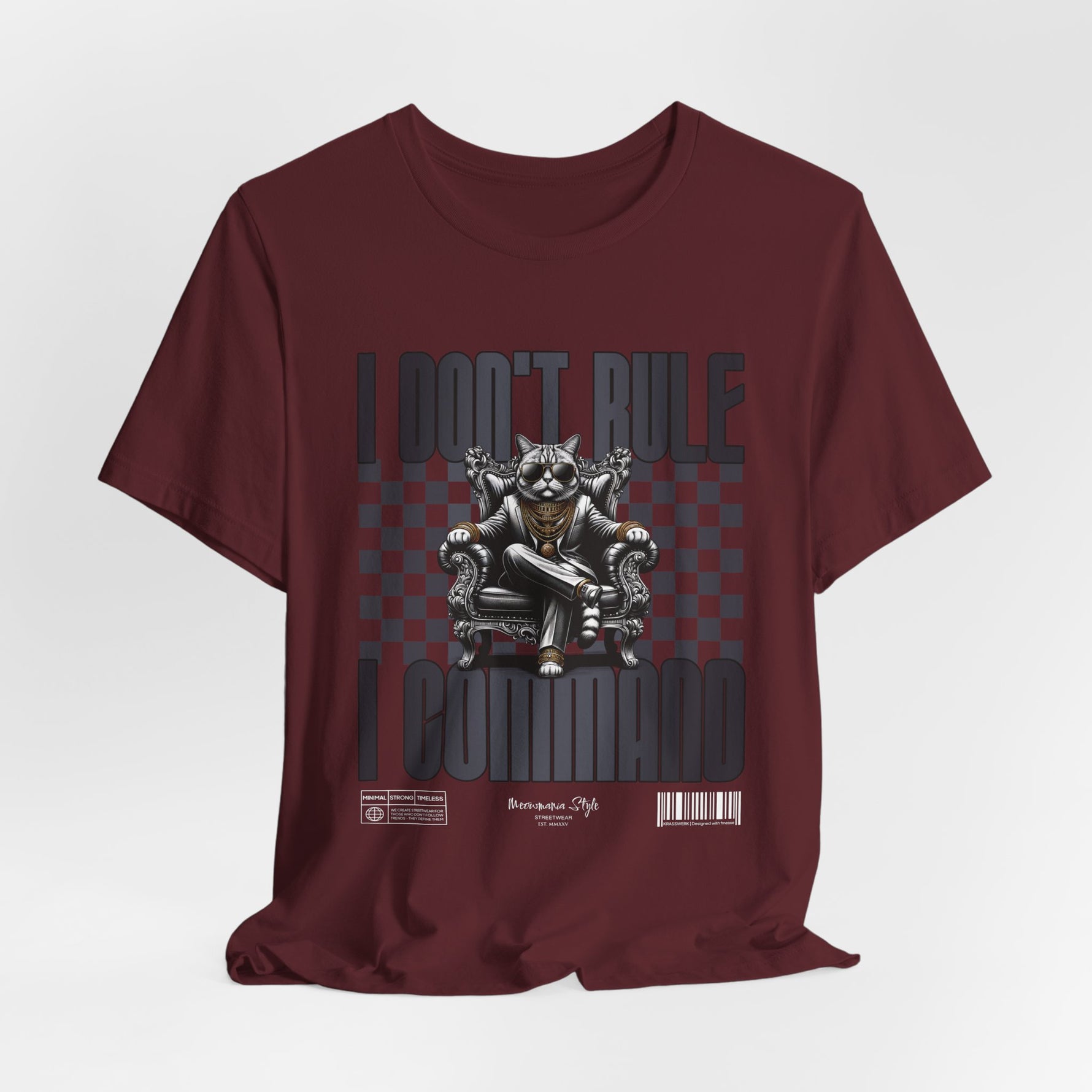 The COMMAND t-shirt in Maroon — 3D render showing the shirt in a rich burgundy. No model, no background.