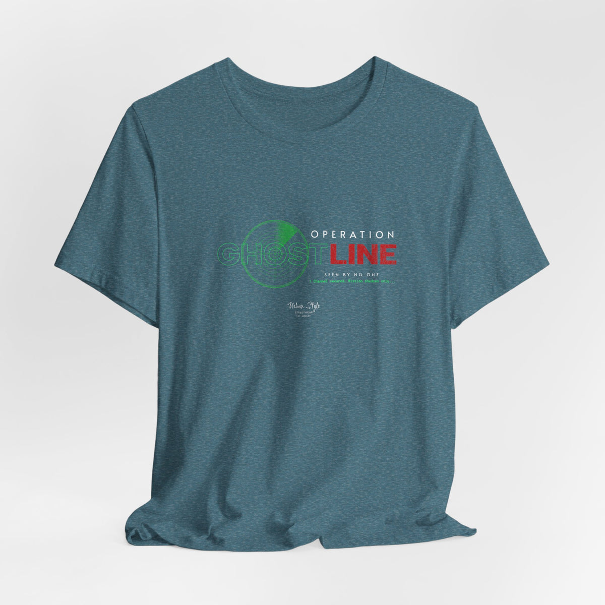 The OPERATION GHOSTLINE t-shirt in heather deep teal — signature hidden in deep digital fog.