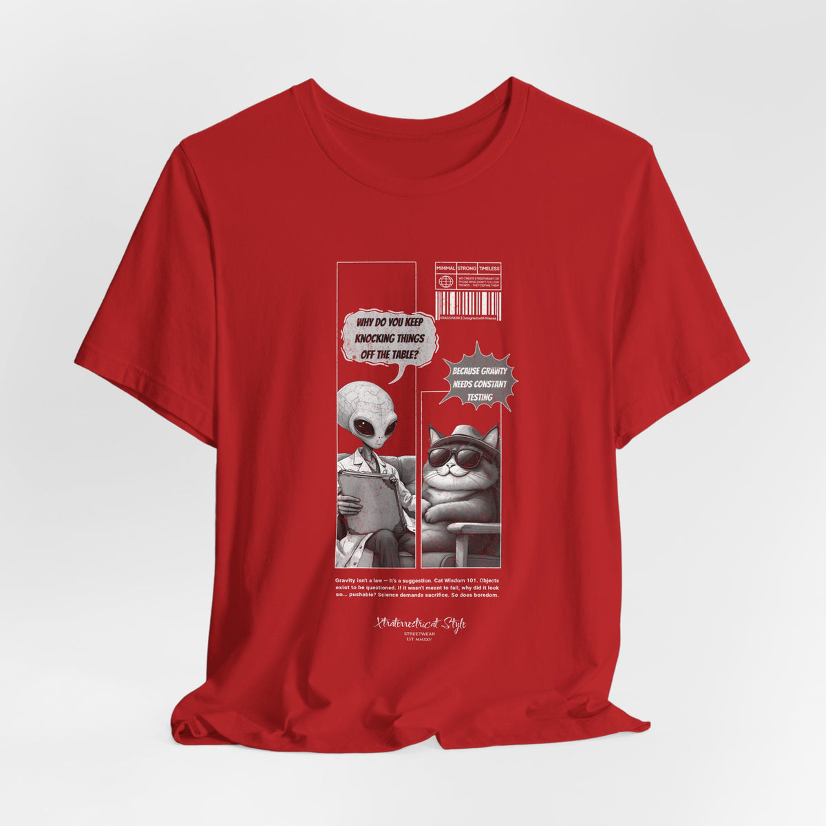 The GRAVITY t-shirt in Red — 3D mockup in classic red shade with central comic design in high contrast. No background or human figure.