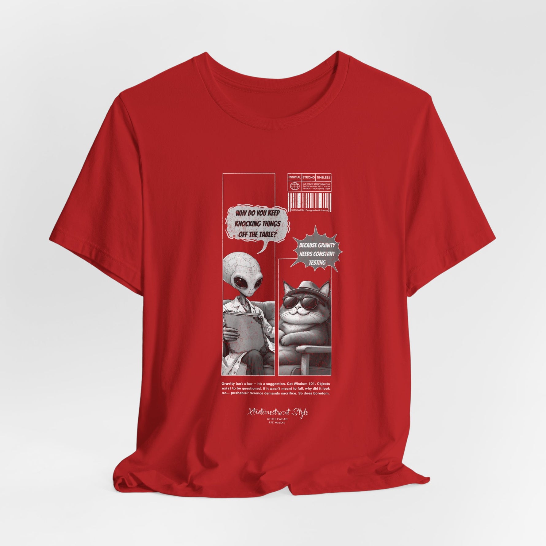The GRAVITY t-shirt in Red — 3D mockup in classic red shade with central comic design in high contrast. No background or human figure.