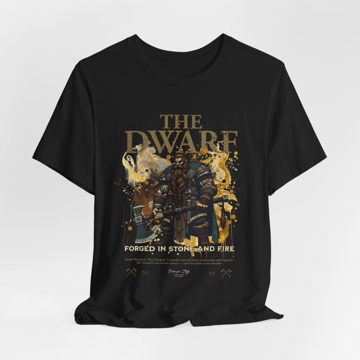 The DWARF t-shirt in Black — fierce contrast for fire-forged valor and golden grit.