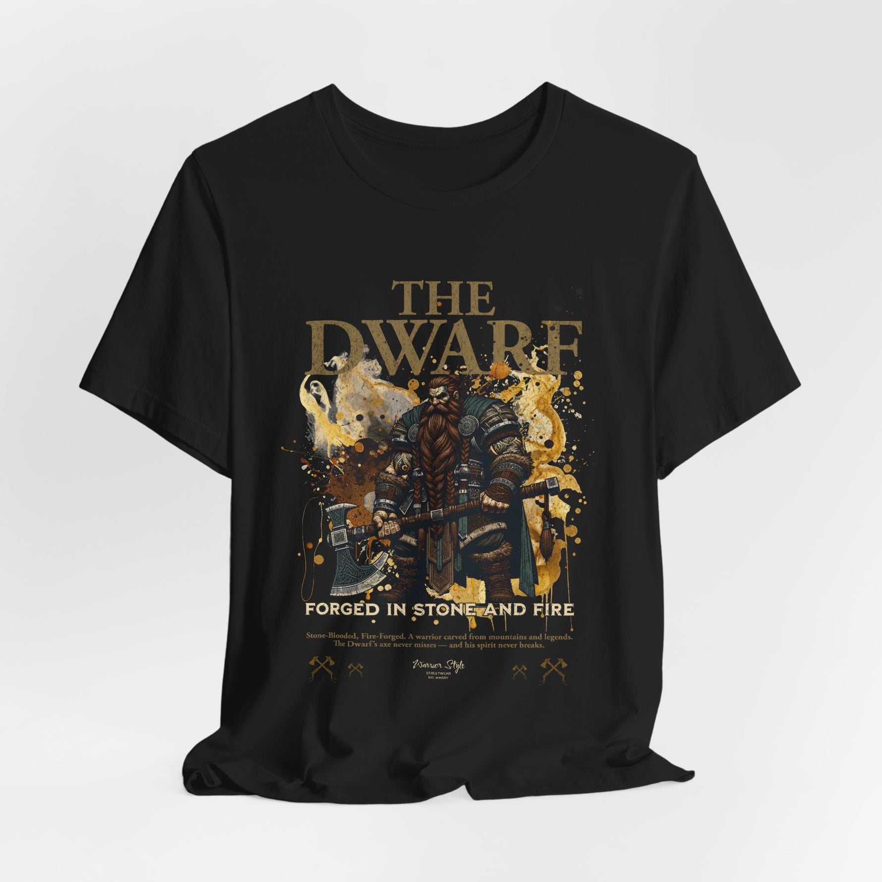 The DWARF t-shirt in Black — fierce contrast for fire-forged valor and golden grit.