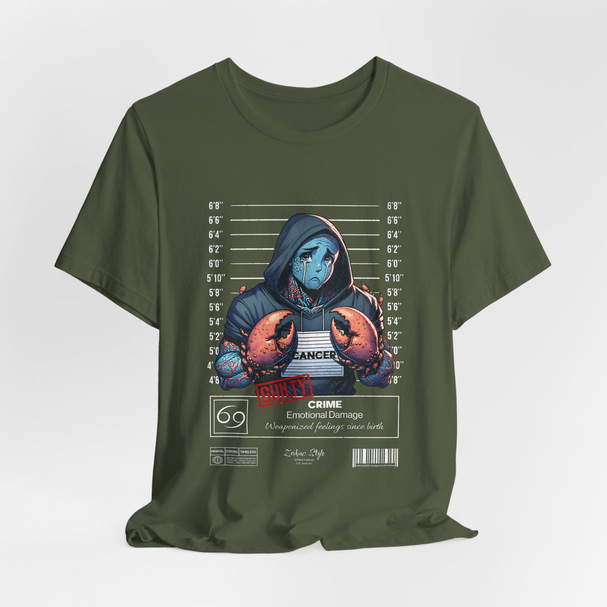 The CANCER t-shirt in Military Green — 3D mockup of a desaturated olive green shirt. No background, no model.