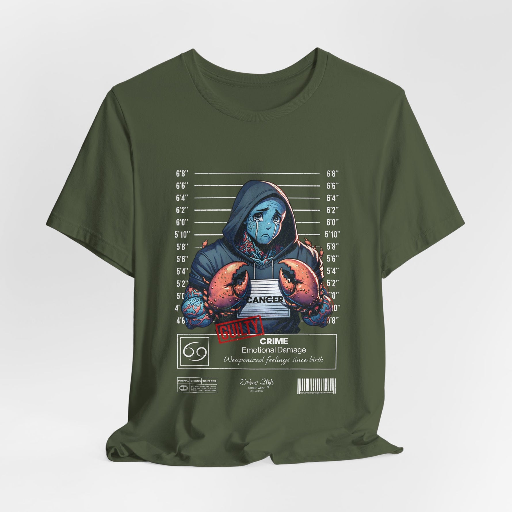 The CANCER t-shirt in Military Green — 3D mockup of a desaturated olive green shirt. No background, no model.