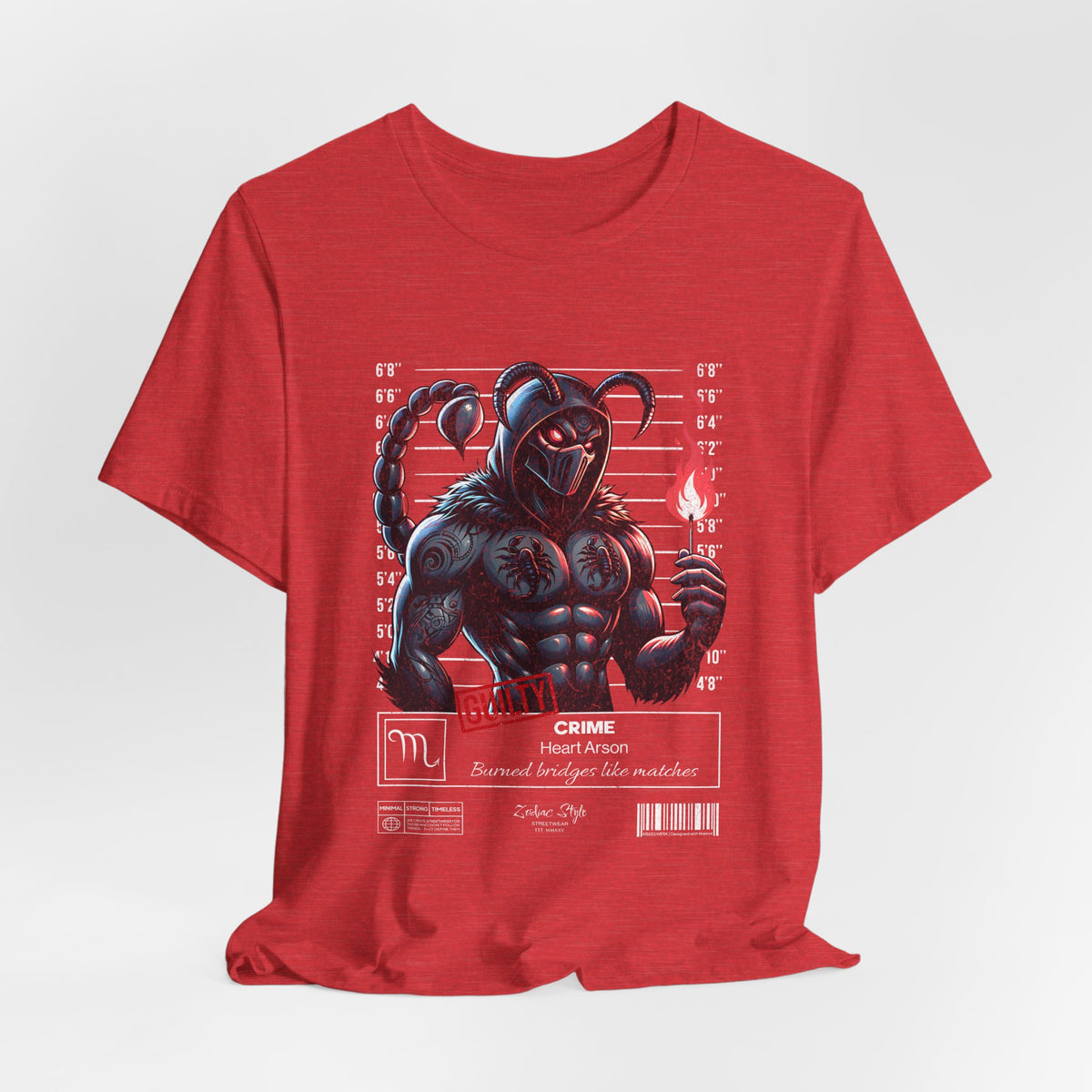 The SCORPIO t-shirt in Red — 3D mockup showing shirt color Red. No background. No model.